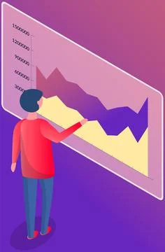 Man analyses digital report with data. Statistical indicators and graphic Illustrazione stock