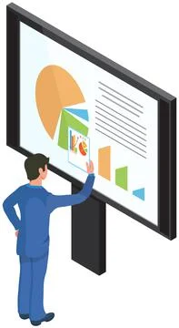 Man analyses digital report with data. Statistical indicators and graphic Illustrazione stock