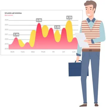 Man analyses digital report with data. Statistical indicators and graphic Illustrazione stock