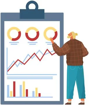 Man analyses digital report with data. Statistical indicators and graphic Illustrazione stock