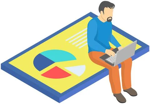 Man analyses digital report with data. Statistical indicators and graphic Illustrazione stock