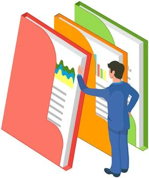 Man analyses digital report with data. Statistical indicators and graphic Stock Illustration