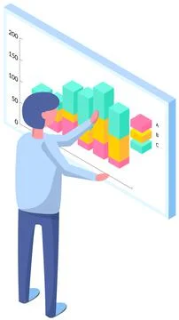 Man analyses digital report with data. Statistical indicators and graphic Illustrazione stock