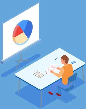 Man analyses digital report with data. Statistical indicators and graphic Illustrazione stock