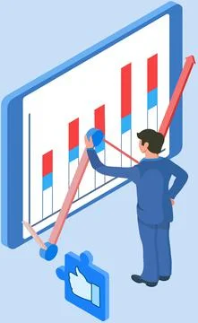 Man analyses digital report with data. Statistical indicators and graphic Illustrazione stock