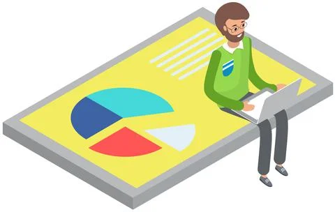 Man analyses digital report with data. Statistical indicators and graphic Illustrazione stock