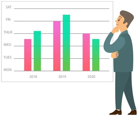 Man analyses digital report with data. Statistical indicators and graphic Illustrazione stock
