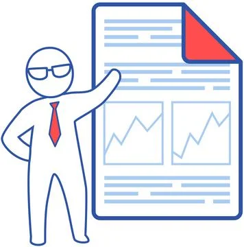 Man analyses digital report with data. Statistical indicators and graphic Illustrazione stock