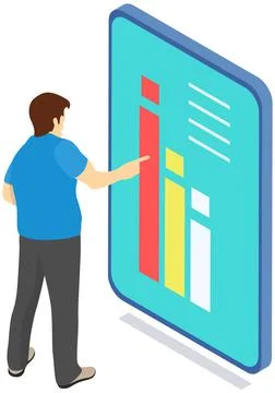 Man analyses digital report with data. Statistical indicators and graphic Illustrazione stock