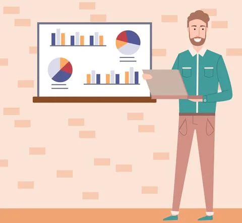 Man analyses digital report with data. Statistical indicators and graphic Illustrazione stock