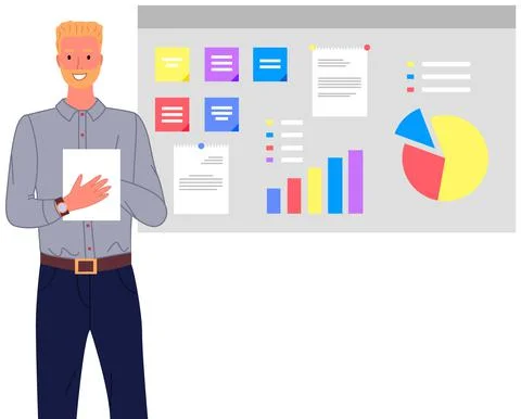 Man analyses digital report with data. Statistical indicators and graphic Ilustración de archivo