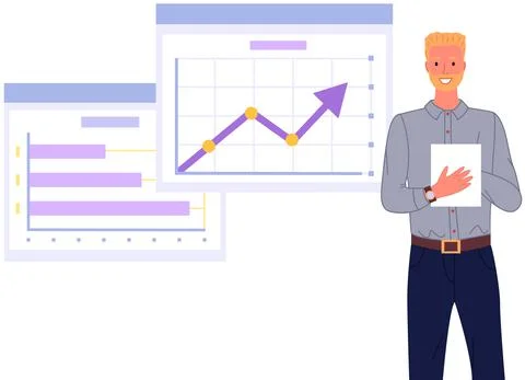Man analyses digital report with data. Statistical indicators and graphic 스톡 일러스트