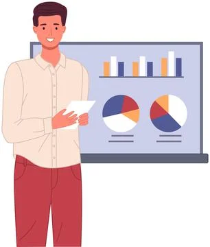 Man analyses digital report with data. Statistical indicators and graphic Illustrazione stock
