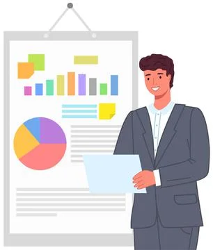 Man analyses digital report with data. Statistical indicators and graphic Stock Illustration