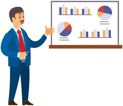 Man analyses digital report with data. Statistical indicators and graphic Illustrazione stock