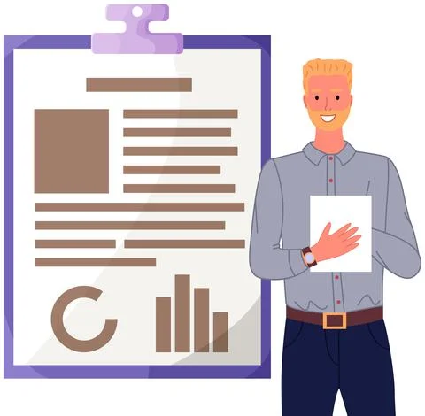 Man analyses digital report with data. Statistical indicators and graphic 스톡 일러스트