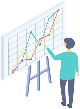 Man analyses digital report with data. Statistical indicators and graphic Stock Illustration