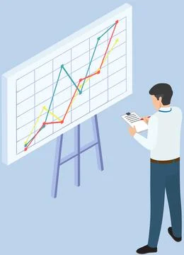 Man analyses digital report with data. Statistical indicators and graphic Illustrazione stock