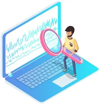 Man analyses digital report with data. Statistical indicators and graphic Illustrazione stock