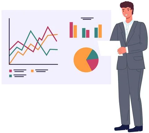 Man analyses digital report with data. Statistical indicators and graphic Illustrazione stock