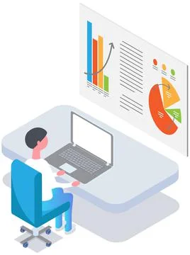 Man analyses digital report with data. Statistical indicators and graphic Stock Illustration