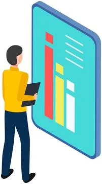Man analyses digital report with data. Statistical indicators and graphic Ilustración de archivo