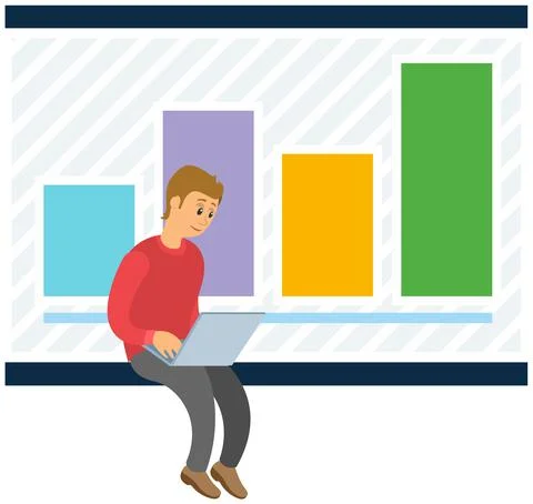 Man analyses digital report with data. Statistical indicators and graphic Stock Illustration