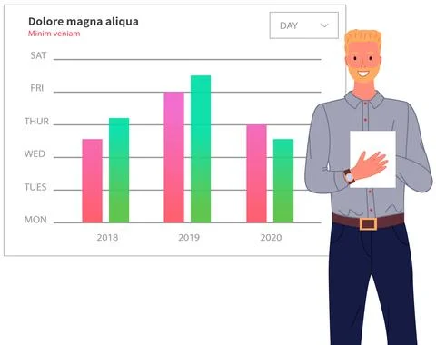 Man analyses digital report with data. Statistical indicators and graphic Illustrazione stock