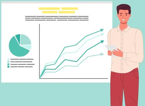 Man analyses digital report with data. Statistical indicators and graphic Illustrazione stock