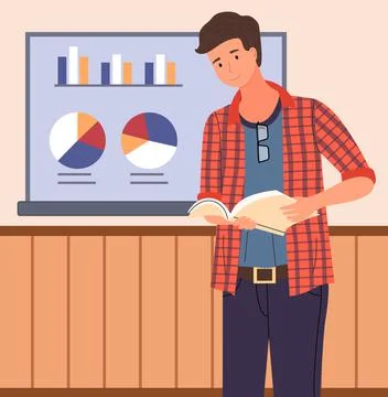 Man analyses digital report with data. Statistical indicators and graphic Illustrazione stock