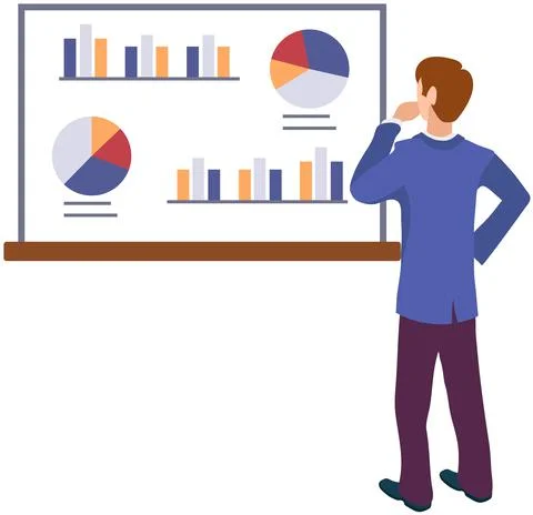 Man analyses digital report with data. Statistical indicators and graphic Illustrazione stock