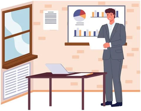 Man analyses digital report with data. Statistical indicators and graphic Illustrazione stock