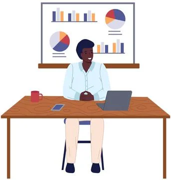 Man analyses digital report with data. Statistical indicators and graphic Illustrazione stock