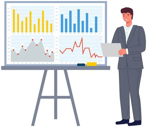 Man analyses digital report with data. Statistical indicators and graphic 스톡 일러스트