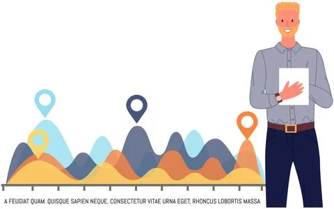 Man analyses digital report with data. Statistical indicators and graphic Illustrazione stock
