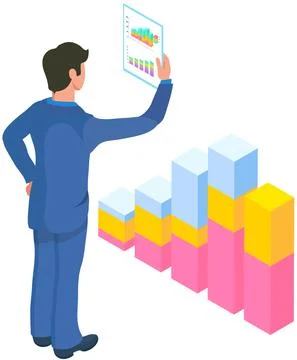 Man analyses digital report with data. Statistical indicators and graphic 스톡 일러스트