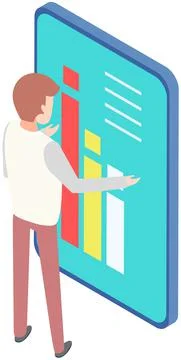 Man analyses digital report with data. Statistical indicators and graphic Illustrazione stock