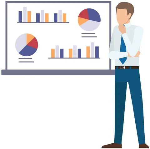 Man analyses digital report with data. Statistical indicators and graphic Illustrazione stock