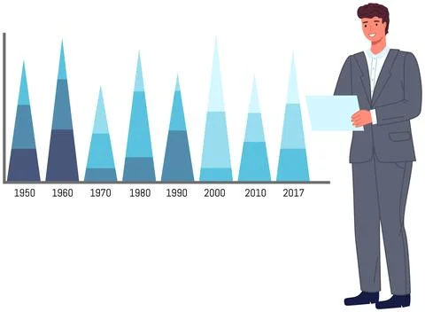 Man analyses digital report with data. Statistical indicators and graphic Illustrazione stock