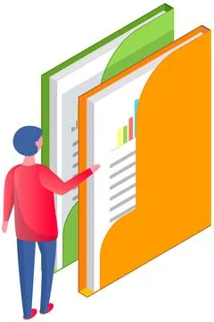 Man analyses digital report with data. Statistical indicators and graphic Illustrazione stock
