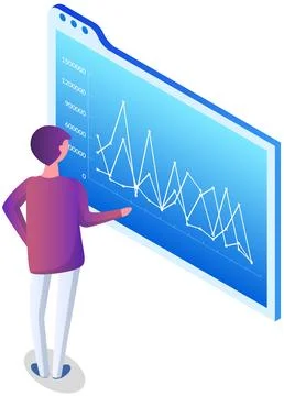Man analyses digital report with data. Statistical indicators and graphic Illustrazione stock