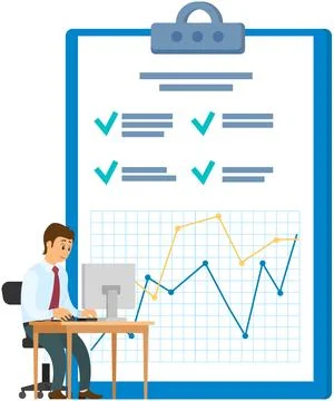 Man analyses digital report with data. Statistical indicators and graphic 스톡 일러스트