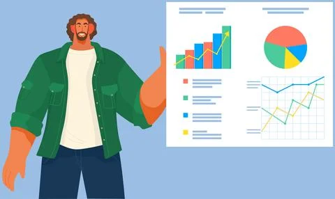 Man analyses digital report with data. Statistical indicators and graphic Ilustración de archivo