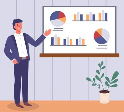 Man analyses digital report with data. Statistical indicators and graphic Illustrazione stock