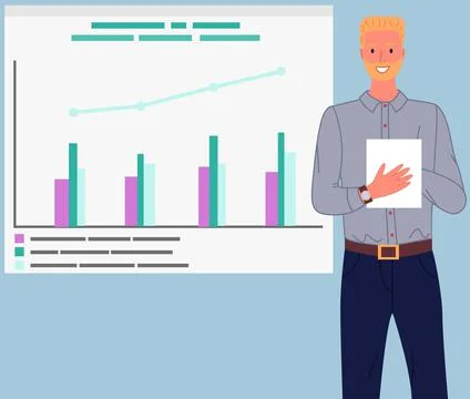 Man analyses digital report with data. Statistical indicators and graphic 스톡 일러스트