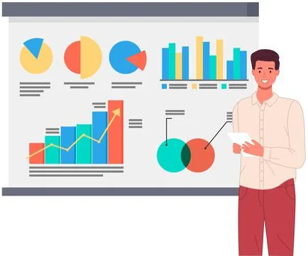 Man analyses digital report with data. Statistical indicators and graphic 스톡 일러스트