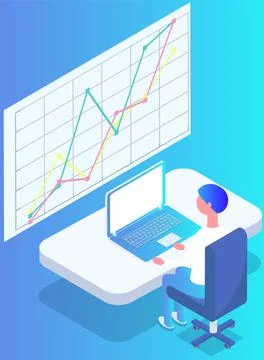 Man analyses digital report with data. Statistical indicators and graphic Illustrazione stock