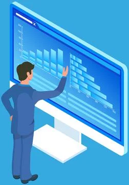 Man analyses digital report with data. Statistical indicators and graphic 스톡 일러스트