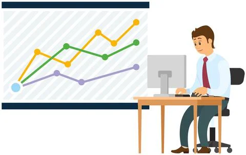 Man analyses digital report with data. Statistical indicators and graphic 스톡 일러스트