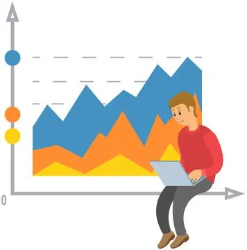 Man analyses digital report with data. Statistical indicators and graphic Illustrazione stock